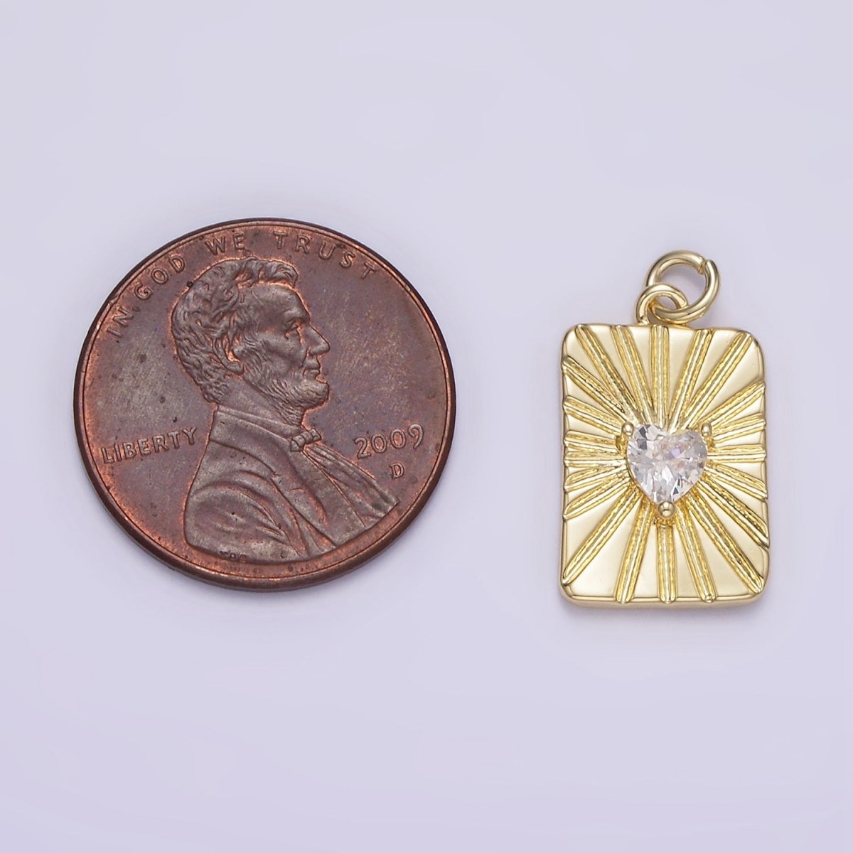 14K Gold Filled Clear CZ Heart Celestial Sun burst Ray Tag Rectangular Charm | AG214