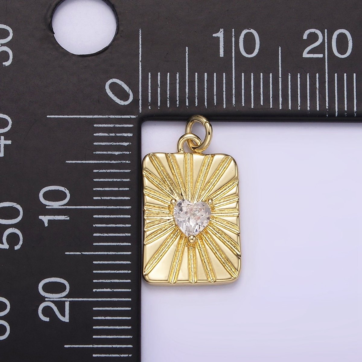 14K Gold Filled Clear CZ Heart Celestial Sun burst Ray Tag Rectangular Charm | AG214