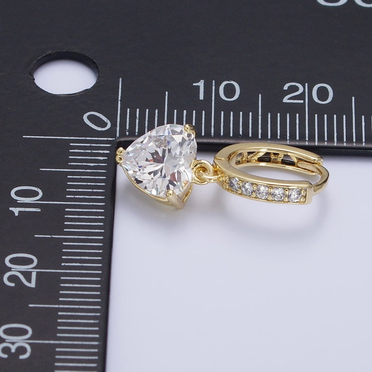 14K Gold Filled Clear CZ Heart Drop Micro Paved Oblong Hoop Earrings | AD1436
