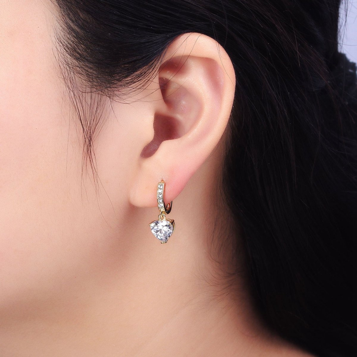 14K Gold Filled Clear CZ Heart Drop Micro Paved Oblong Hoop Earrings | AD1436