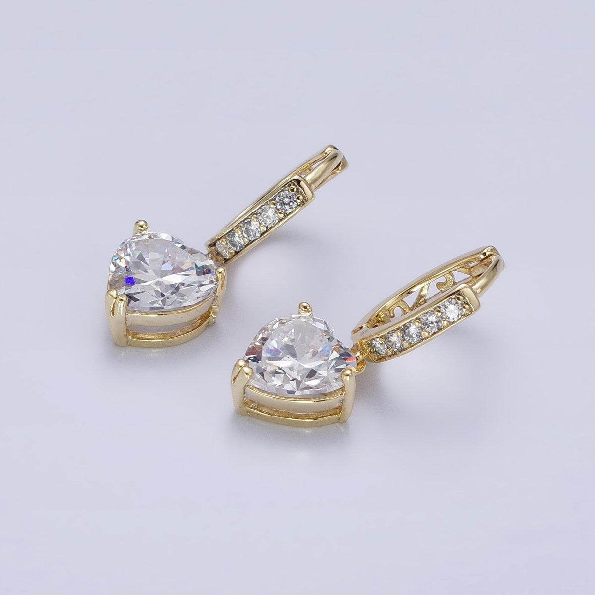 14K Gold Filled Clear CZ Heart Drop Micro Paved Oblong Hoop Earrings | AD1436