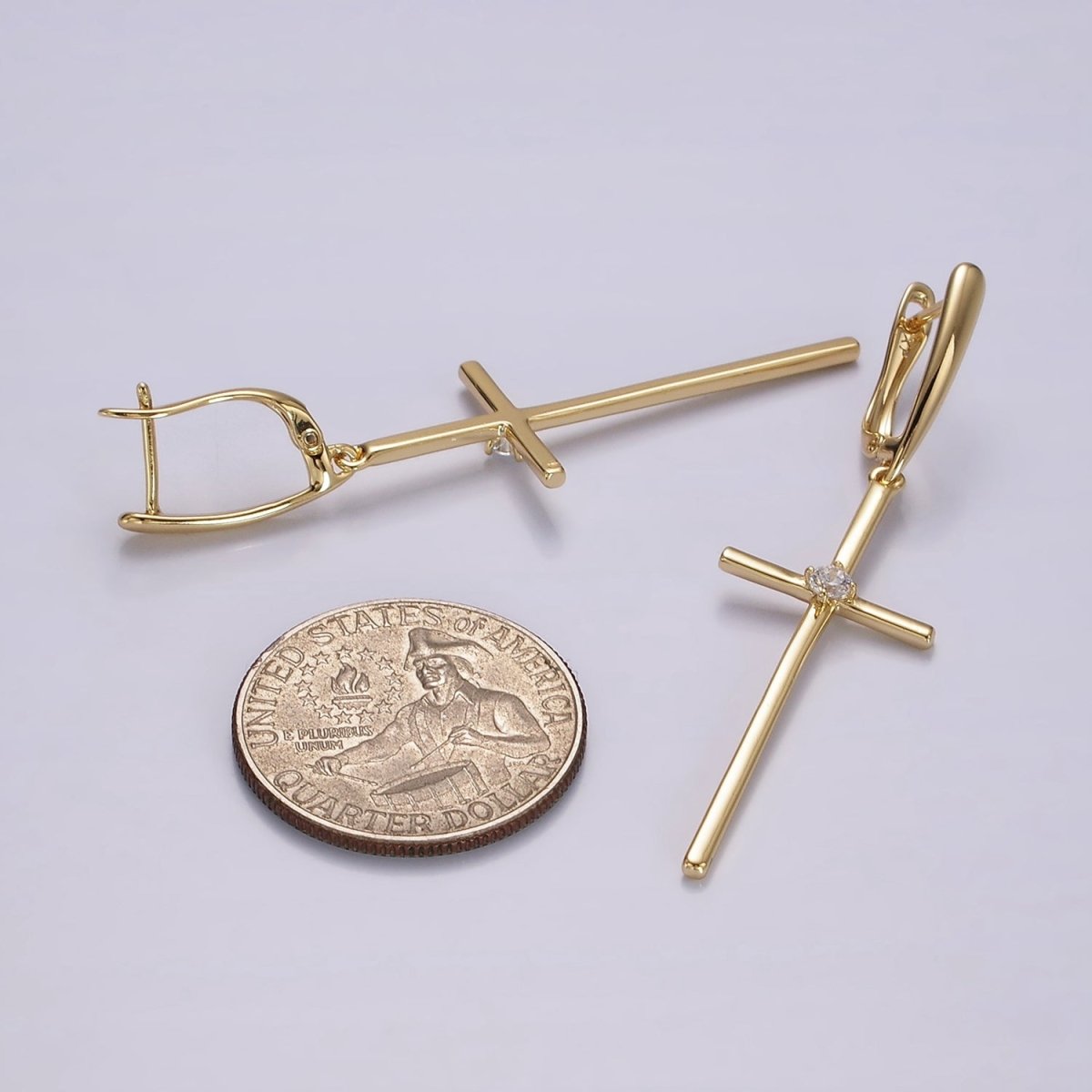 14K Gold Filled Clear CZ Latin Cross Drop English Lock Hoop Earrings | AE402