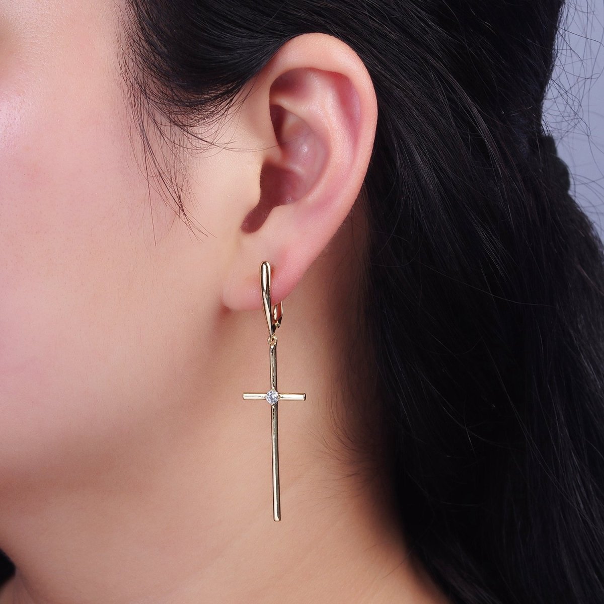 14K Gold Filled Clear CZ Latin Cross Drop English Lock Hoop Earrings | AE402