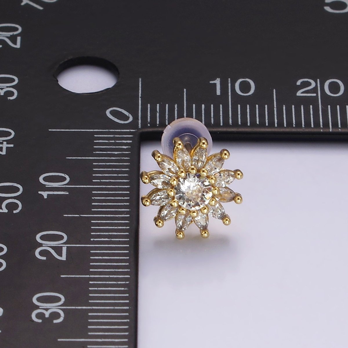 14K Gold Filled Clear CZ Marquise Petal Flower Celestial Sun Stud Earrings | AE887