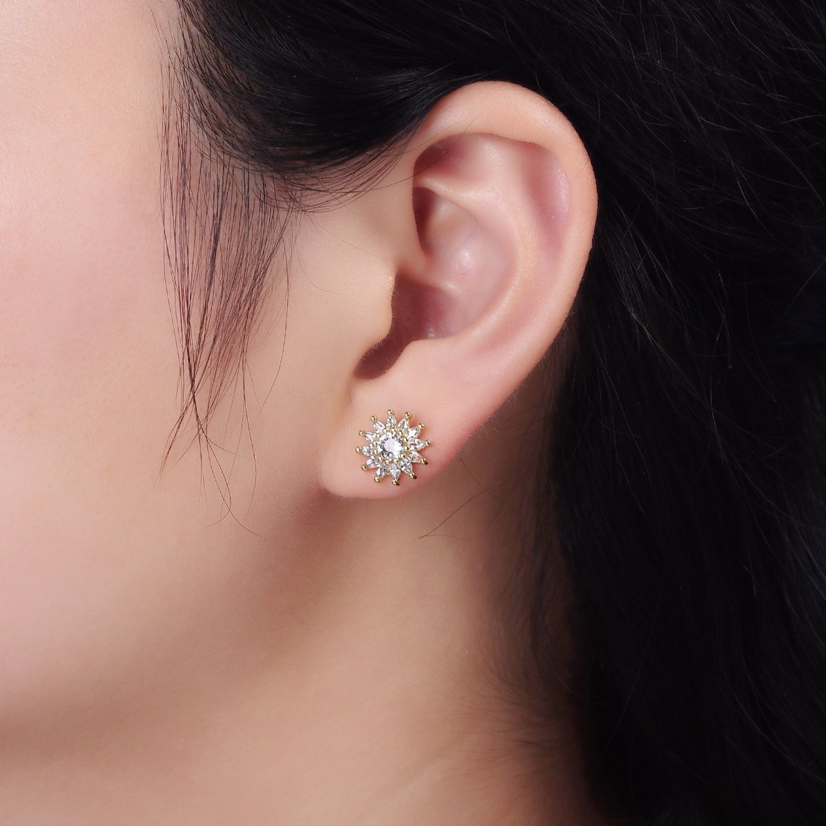 14K Gold Filled Clear CZ Marquise Petal Flower Celestial Sun Stud Earrings | AE887