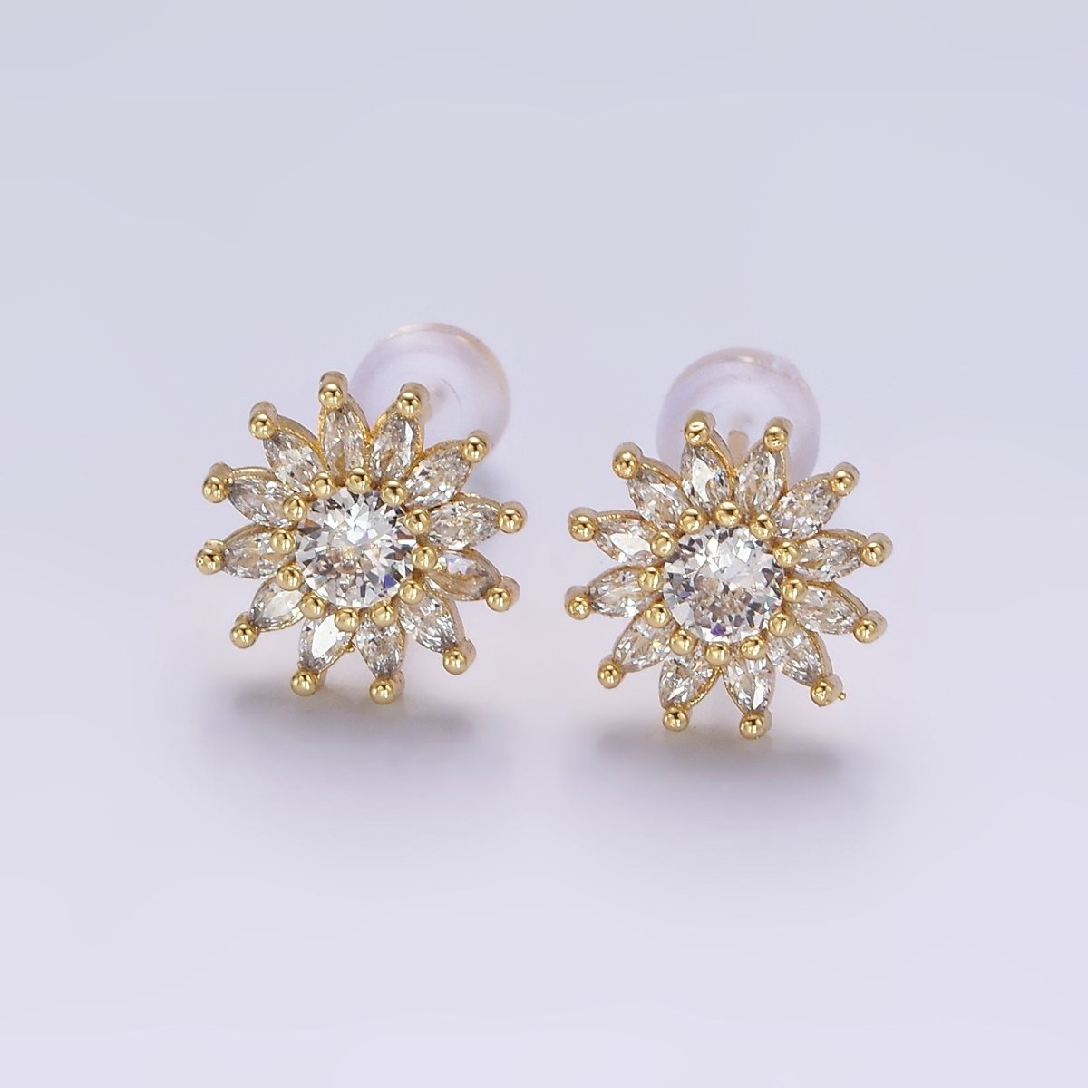 14K Gold Filled Clear CZ Marquise Petal Flower Celestial Sun Stud Earrings | AE887