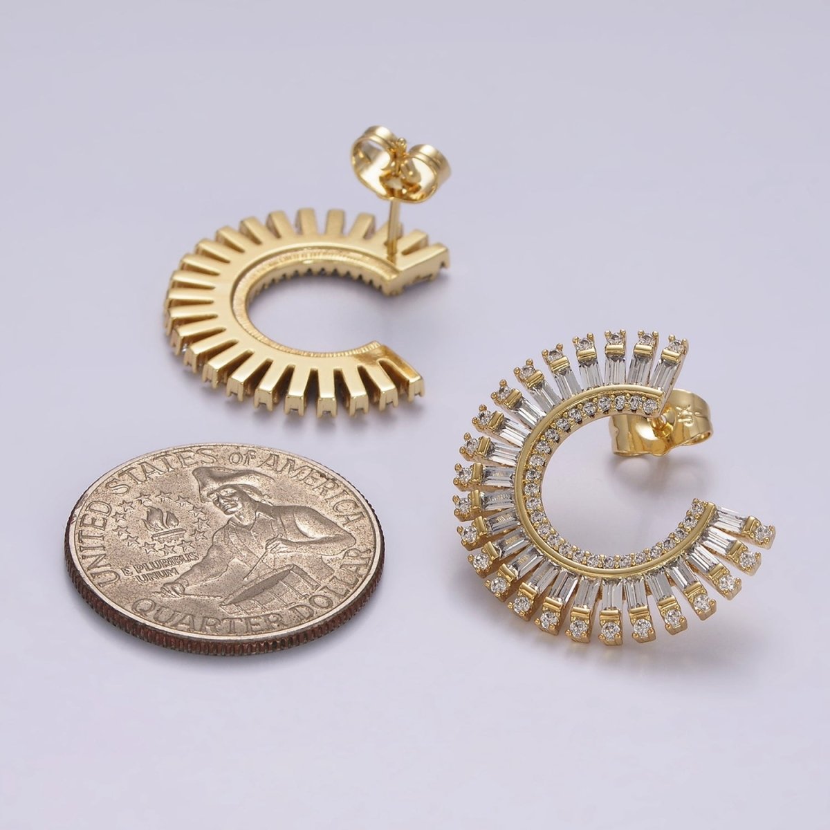 14K Gold Filled Clear CZ Micro Paved Baguette Circular Stud Earrings Set | AE403