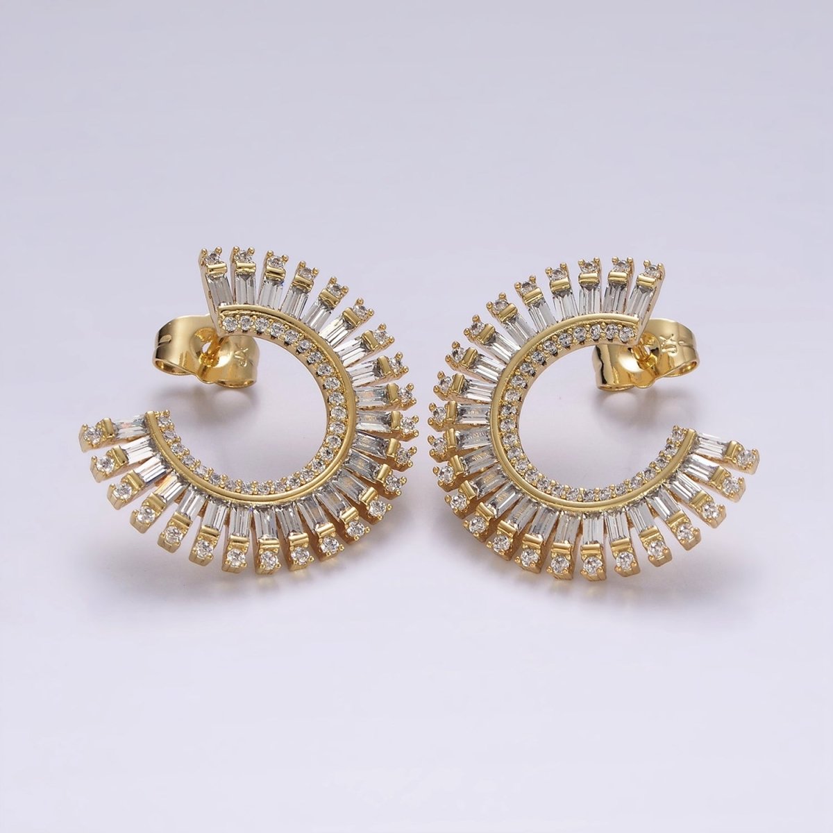 14K Gold Filled Clear CZ Micro Paved Baguette Circular Stud Earrings Set | AE403