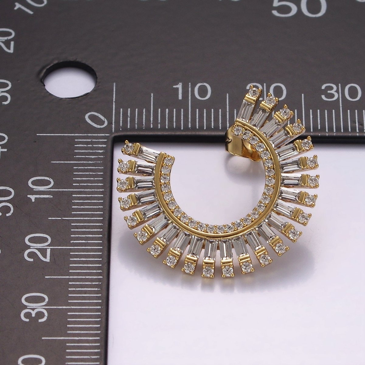 14K Gold Filled Clear CZ Micro Paved Baguette Circular Stud Earrings Set | AE403