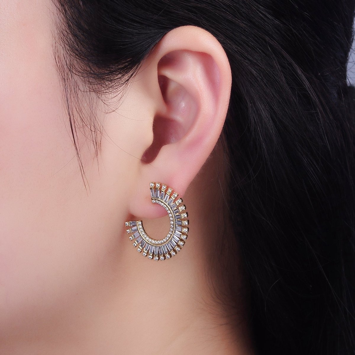 14K Gold Filled Clear CZ Micro Paved Baguette Circular Stud Earrings Set | AE403