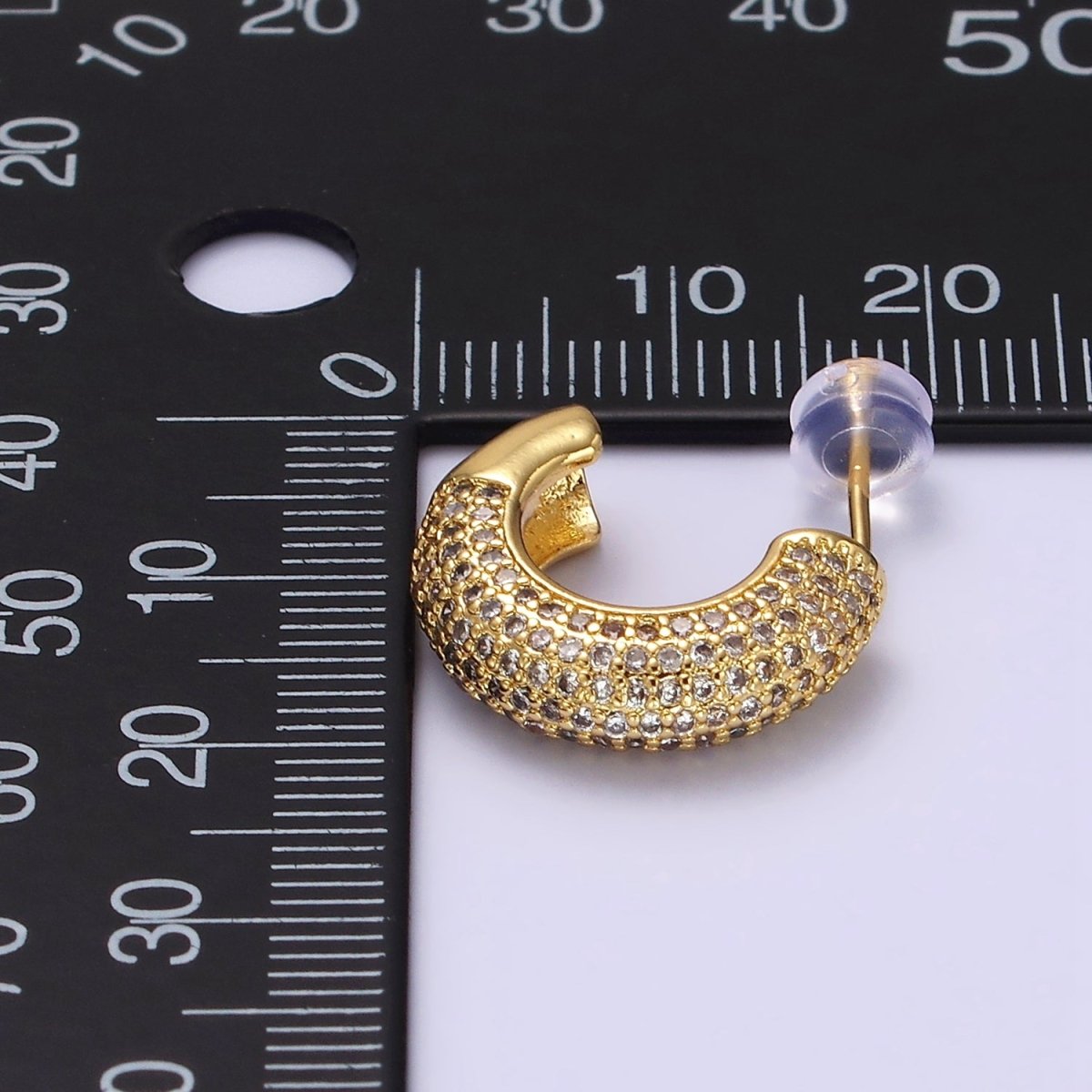 14K Gold Filled Clear CZ Micro Paved C-Shaped Hoop Earrings | V087