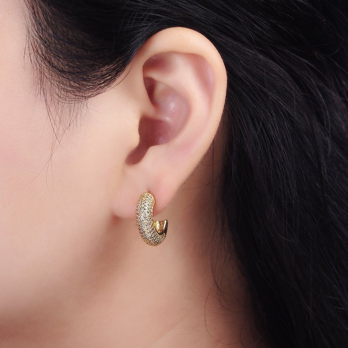 14K Gold Filled Clear CZ Micro Paved C-Shaped Hoop Earrings | V087