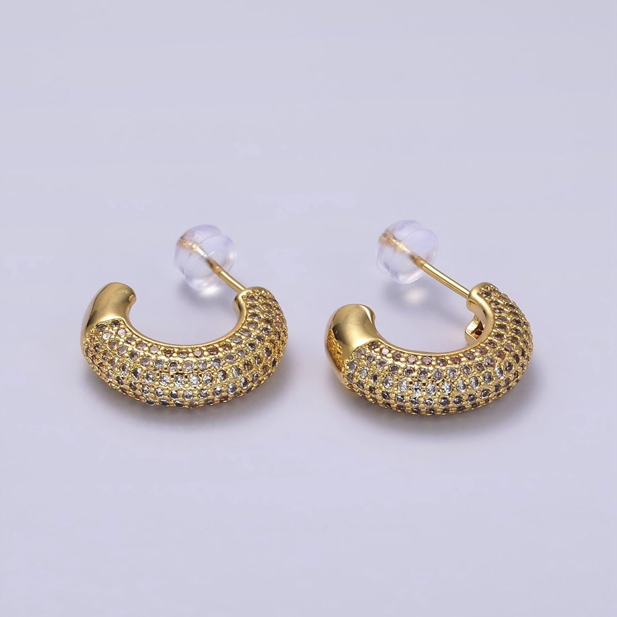 14K Gold Filled Clear CZ Micro Paved C-Shaped Hoop Earrings | V087