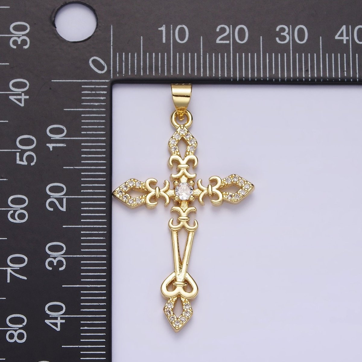 14K Gold Filled Clear CZ Micro Paved Fleur De Lis Open Passion Cross Artisan Pendant | AA638