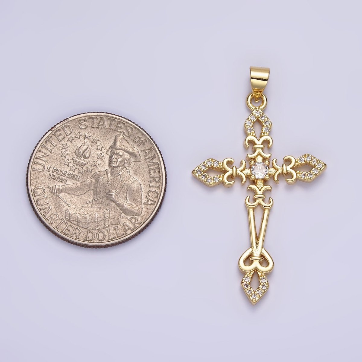 14K Gold Filled Clear CZ Micro Paved Fleur De Lis Open Passion Cross Artisan Pendant | AA638