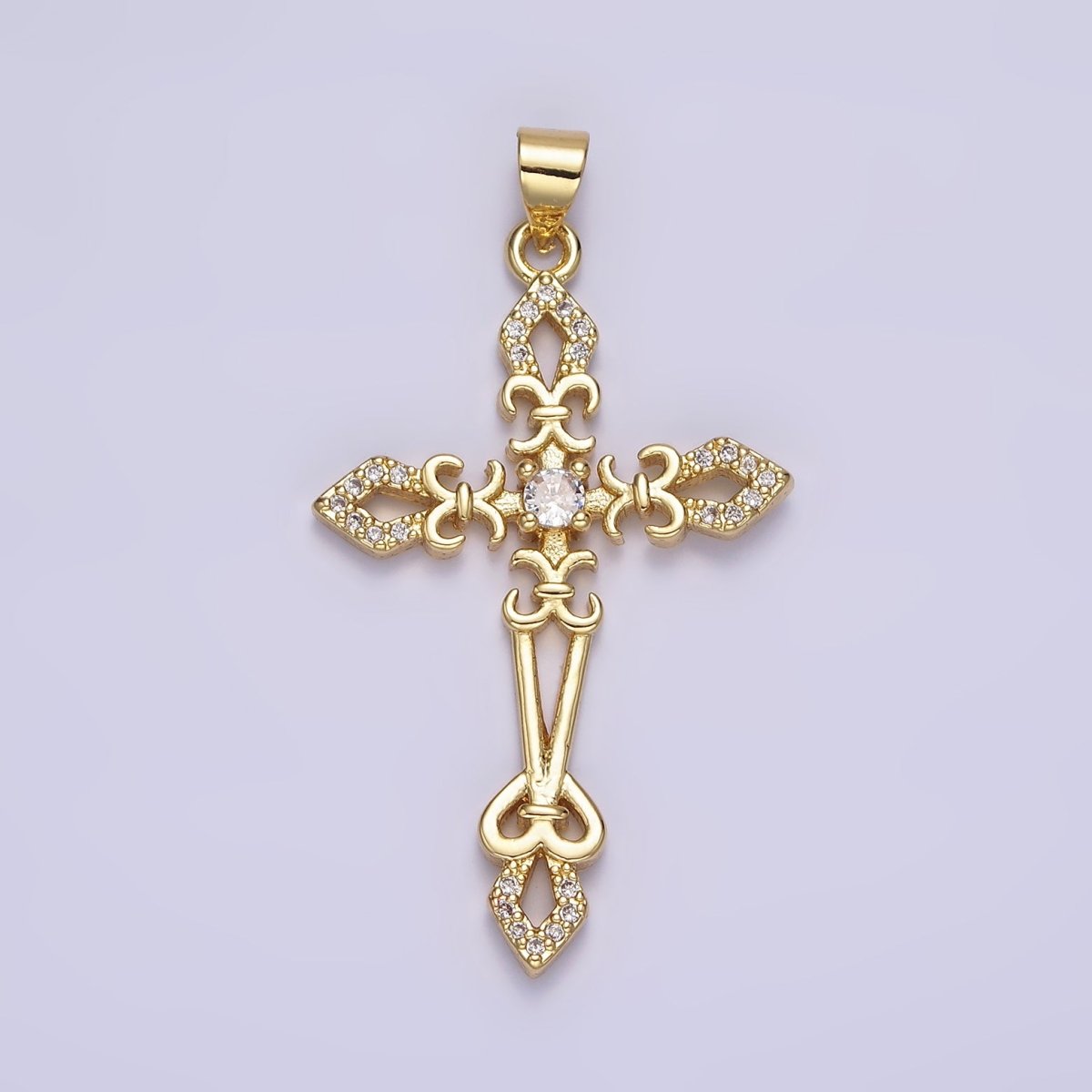 14K Gold Filled Clear CZ Micro Paved Fleur De Lis Open Passion Cross Artisan Pendant | AA638