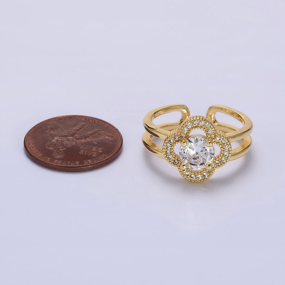 14K Gold Filled Clear CZ Micro Paved Quatrefoil Clover Double Band Ring | O-599