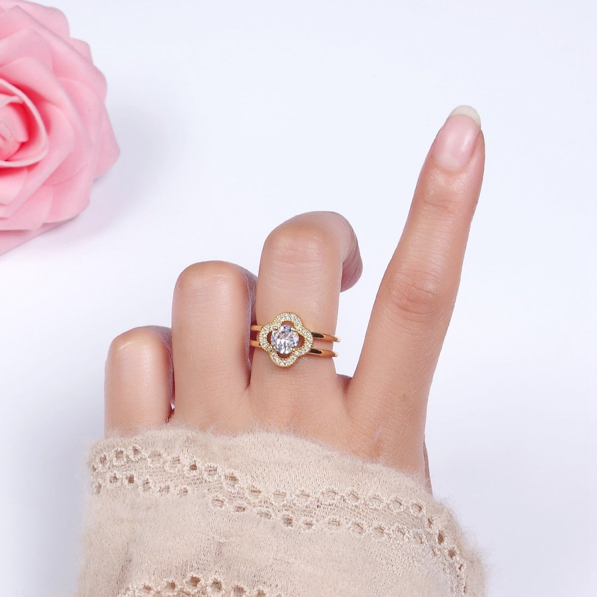 14K Gold Filled Clear CZ Micro Paved Quatrefoil Clover Double Band Ring | O-599