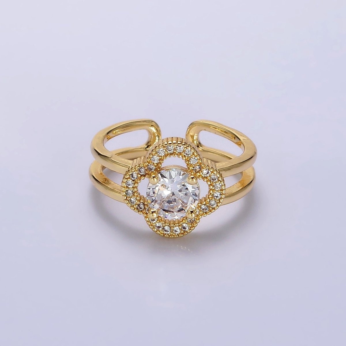 14K Gold Filled Clear CZ Micro Paved Quatrefoil Clover Double Band Ring | O-599