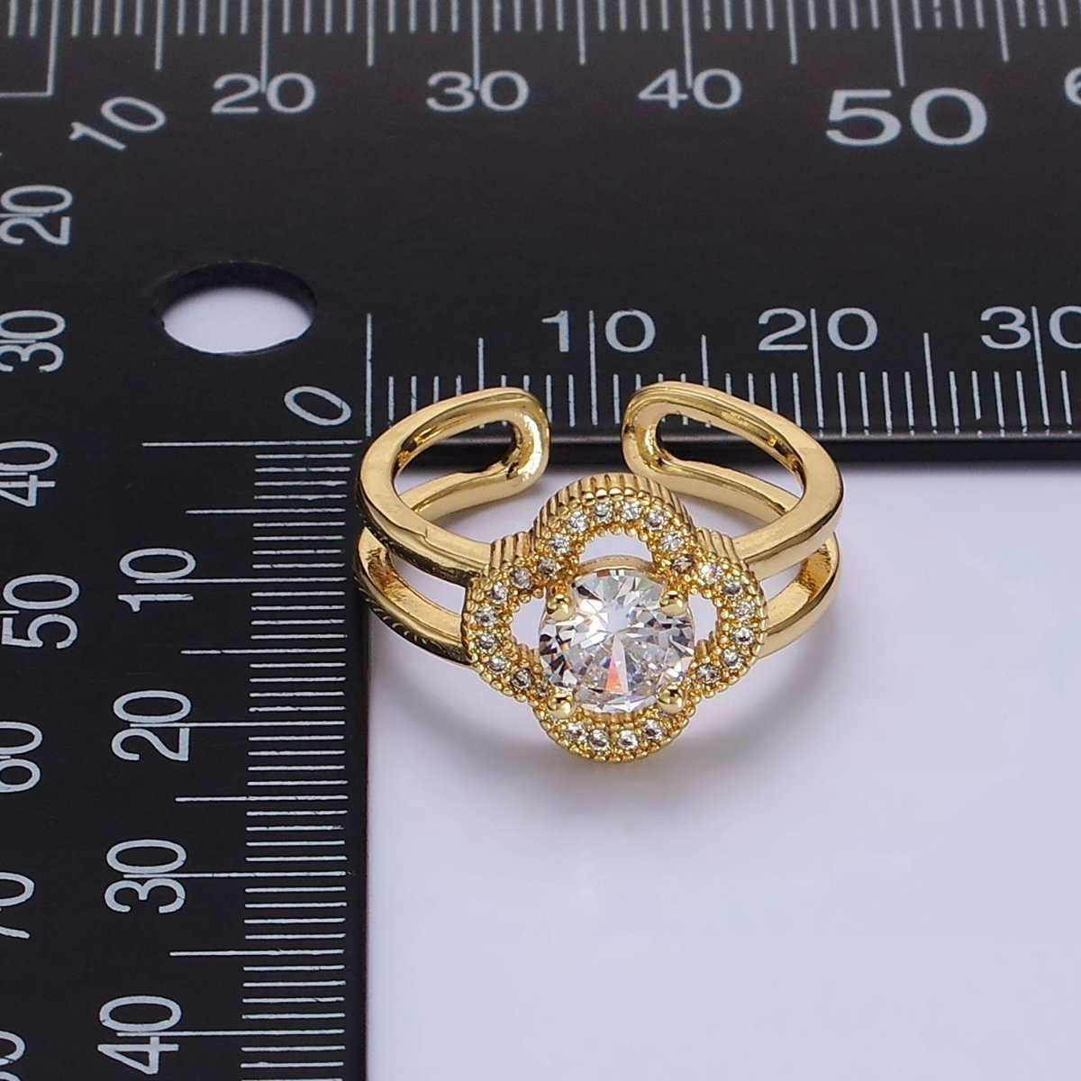14K Gold Filled Clear CZ Micro Paved Quatrefoil Clover Double Band Ring | O-599