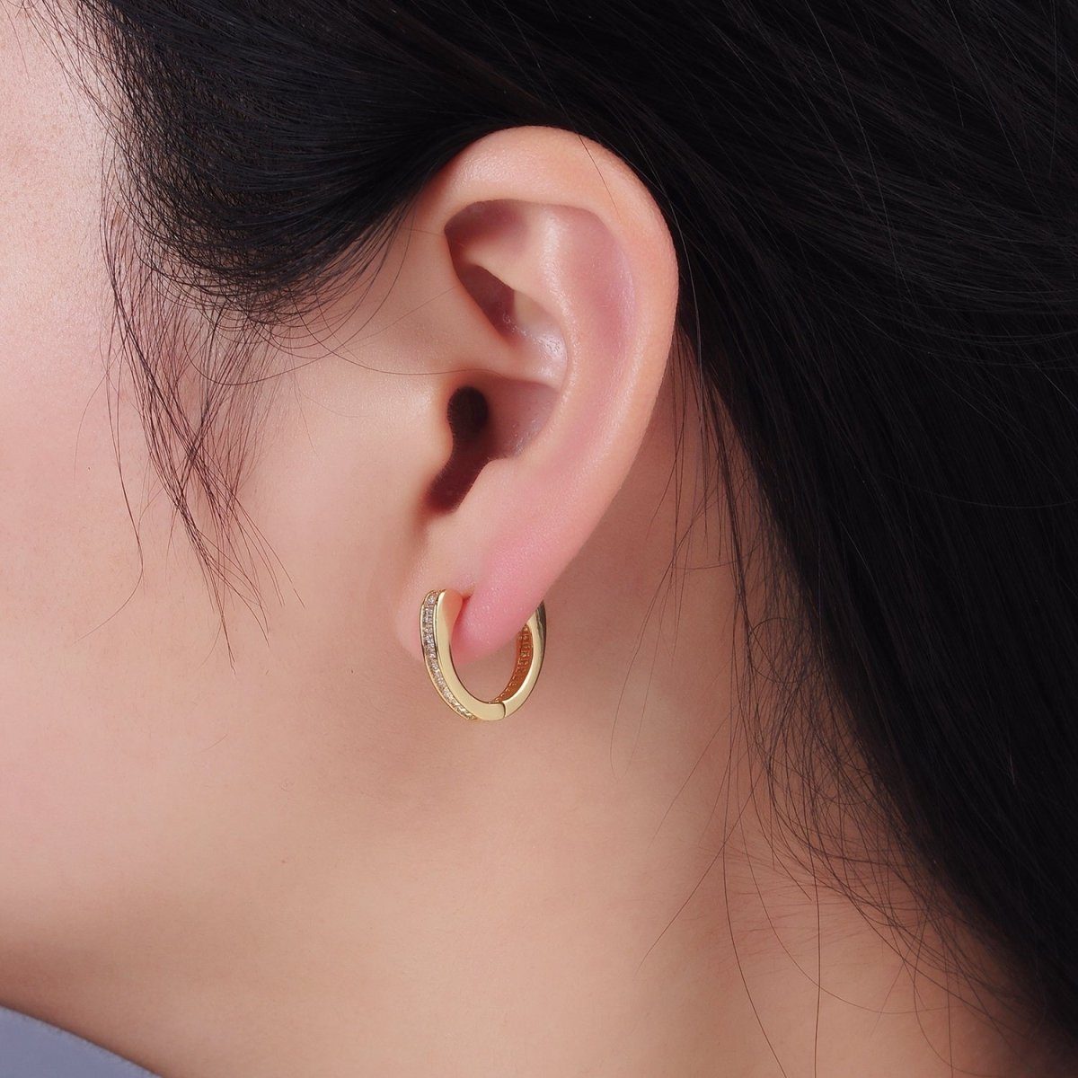 14K Gold Filled Clear CZ Mini Baguette Lined Huggie Earrings | AB1259