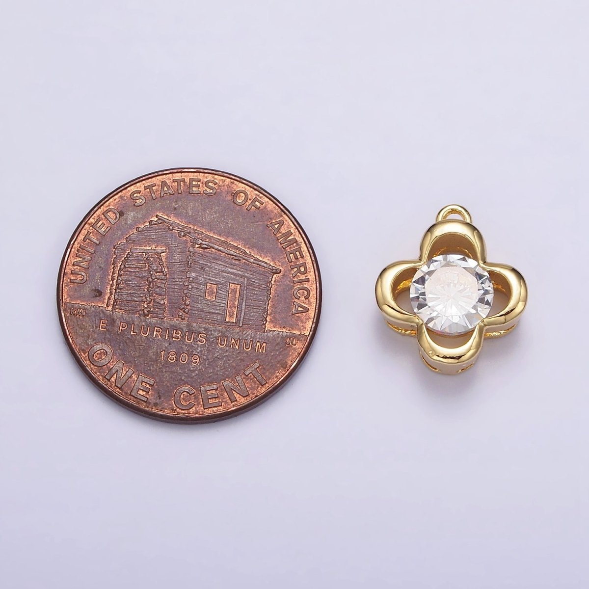 14K Gold Filled Clear CZ Open Clover Quatrefoil Bezel Charm | N950