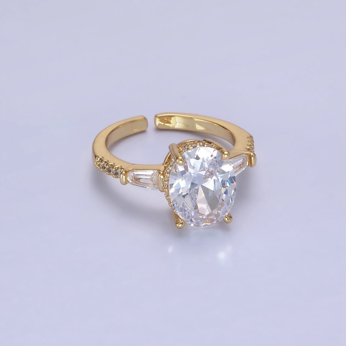14K Gold Filled Clear CZ Oval Baguette Micro Paved Solitaire Ring | O1326