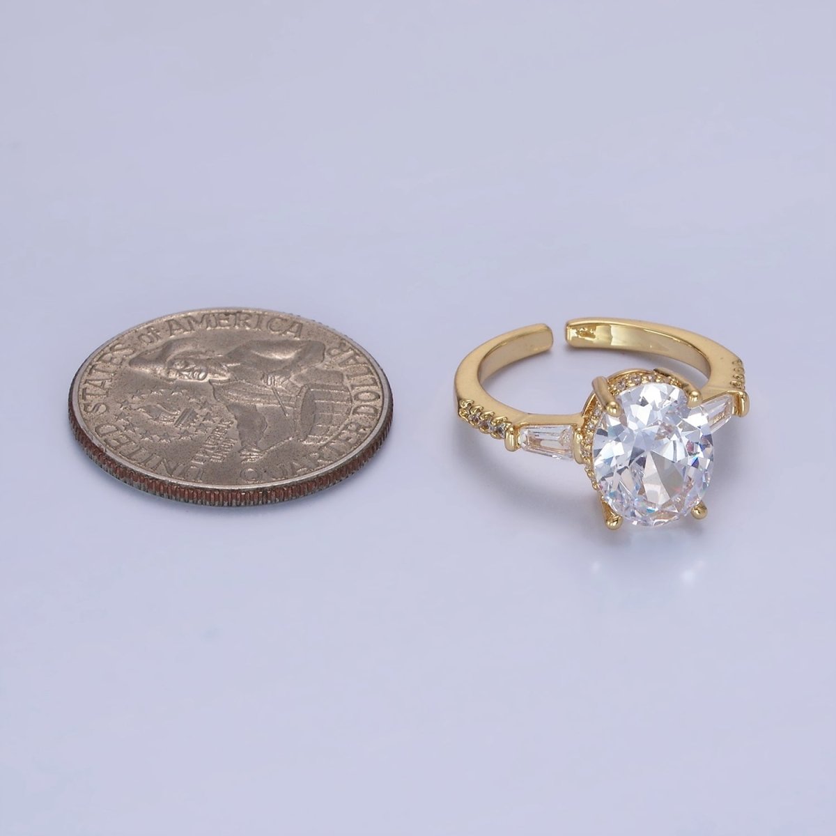 14K Gold Filled Clear CZ Oval Baguette Micro Paved Solitaire Ring | O1326