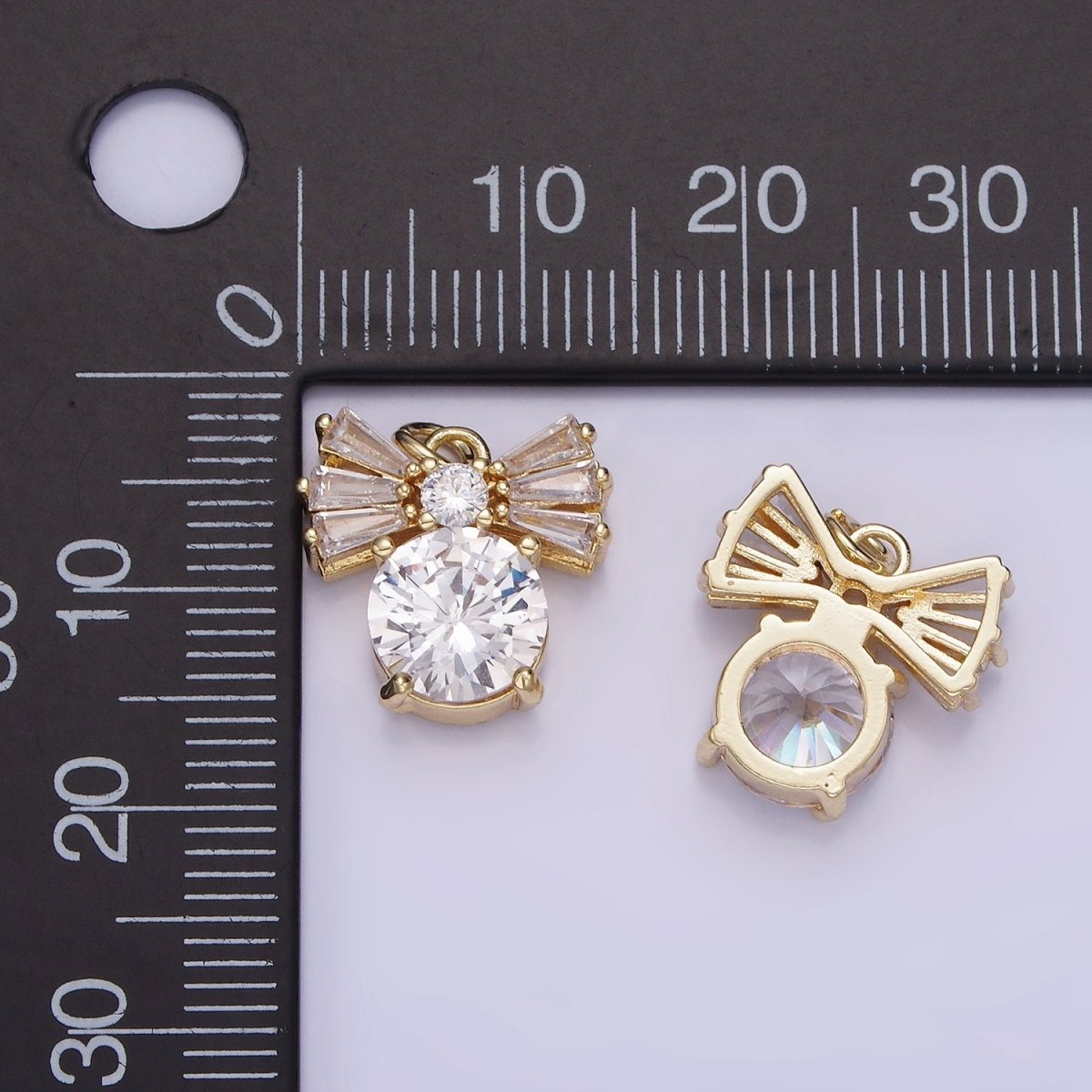 14K Gold Filled Clear CZ Round Baguette Ribbon Bow Charm | AG729