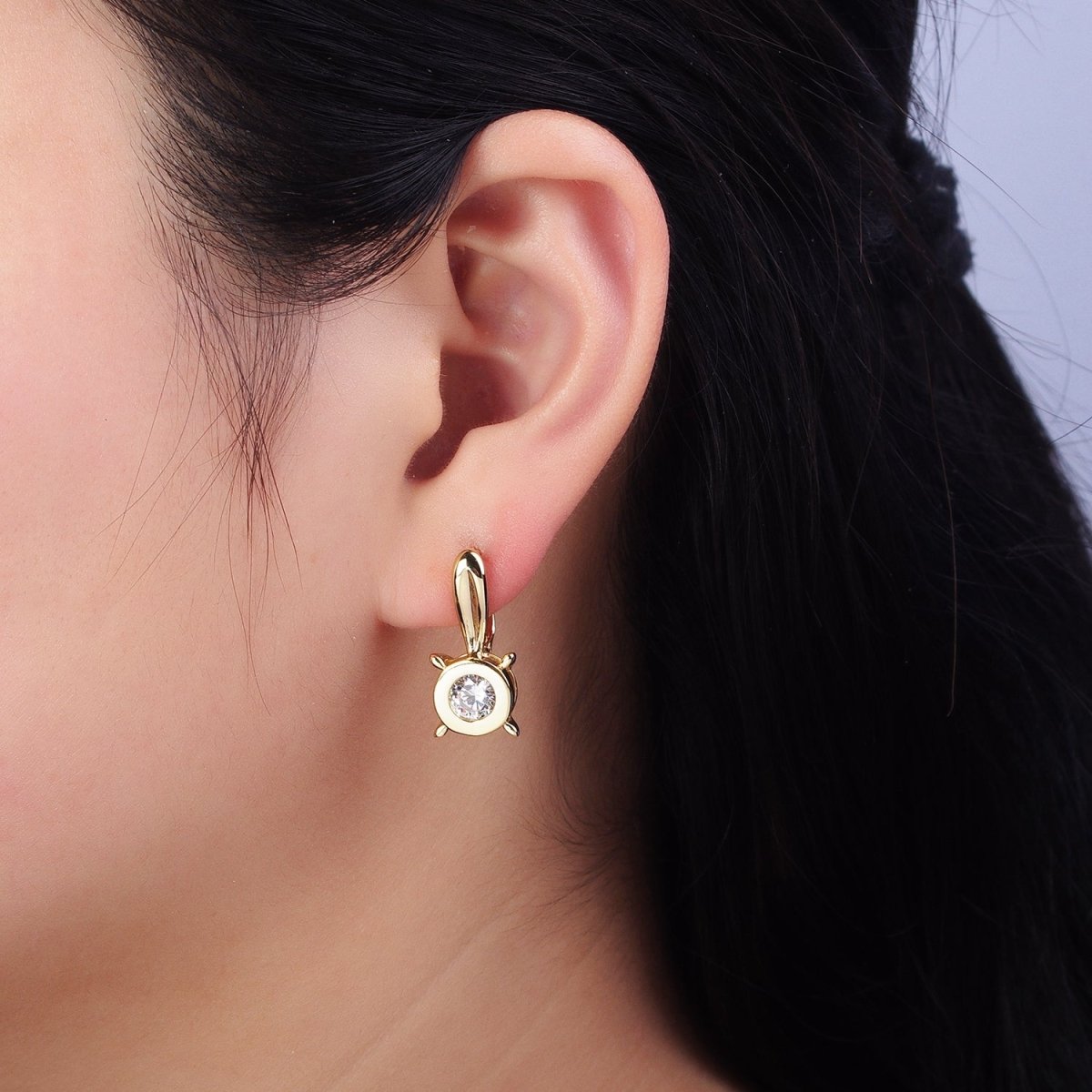 14K Gold Filled Clear CZ Round Bezel Dotted English Lock Earrings | AD1532