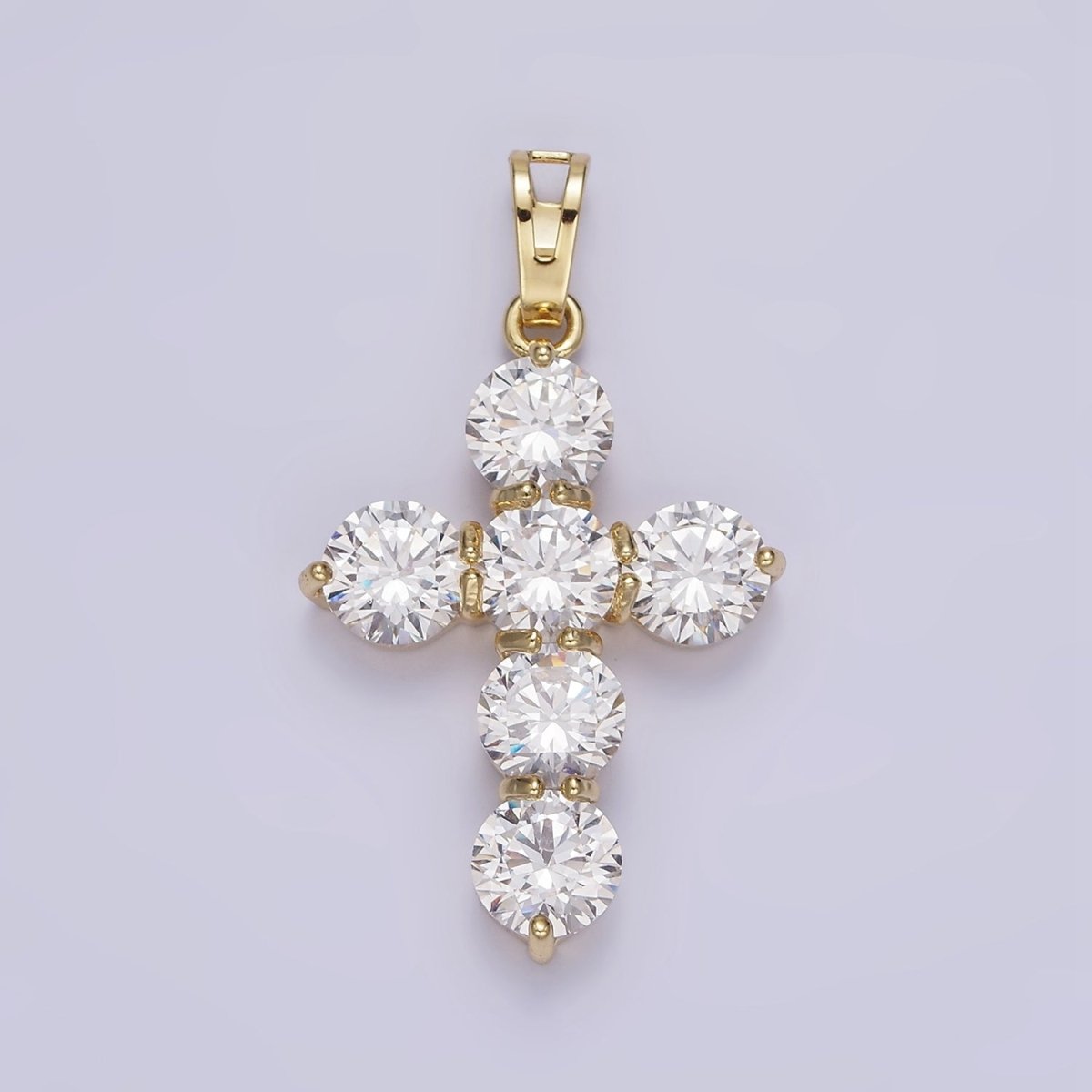 14K Gold Filled Clear CZ Round Lined Religious Cross Pendant in Gold & Silver | AA650