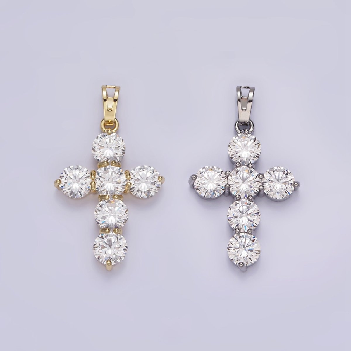 14K Gold Filled Clear CZ Round Lined Religious Cross Pendant in Gold & Silver | AA650