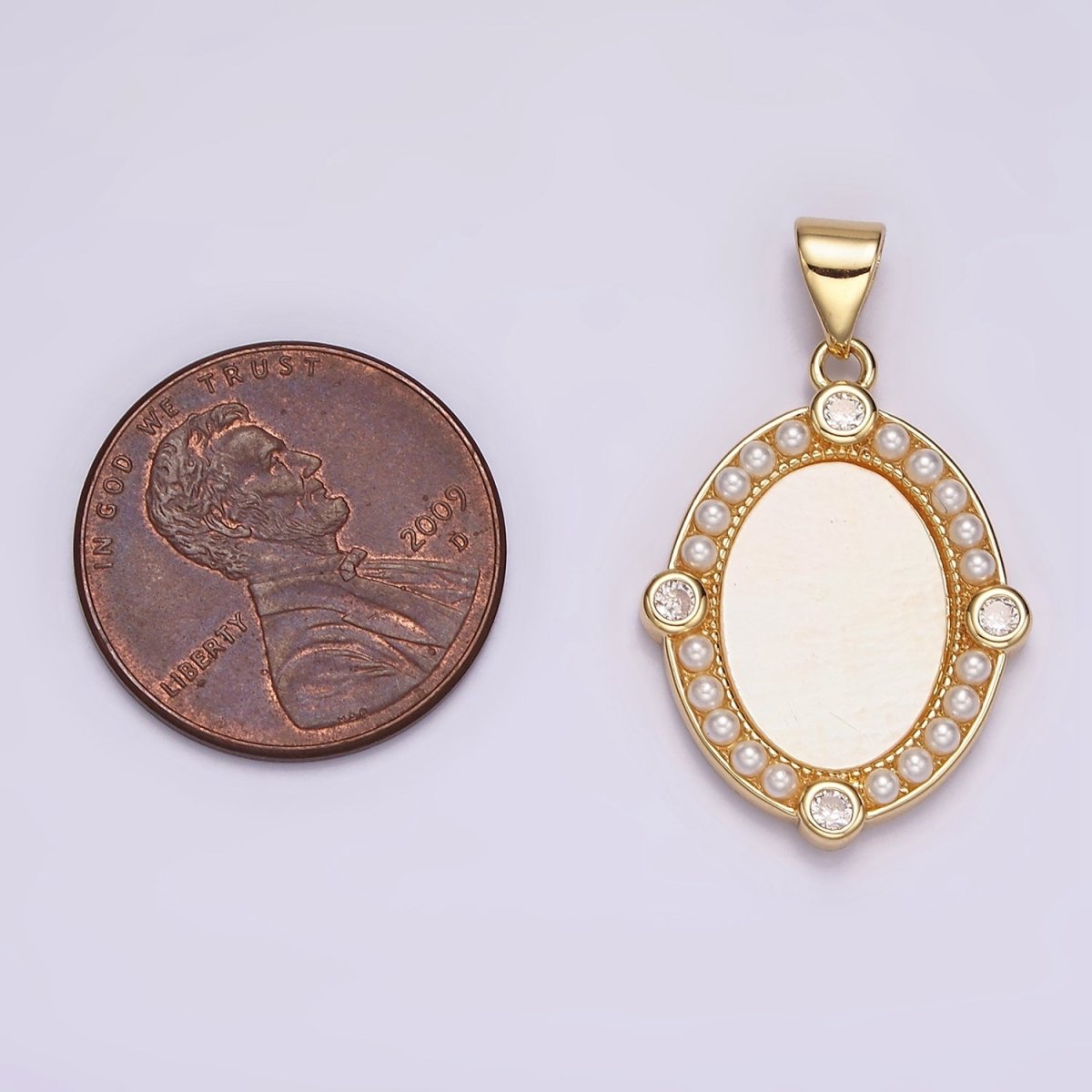 14K Gold Filled Clear CZ Shell Pearl Lined Oval Pendant | N2026