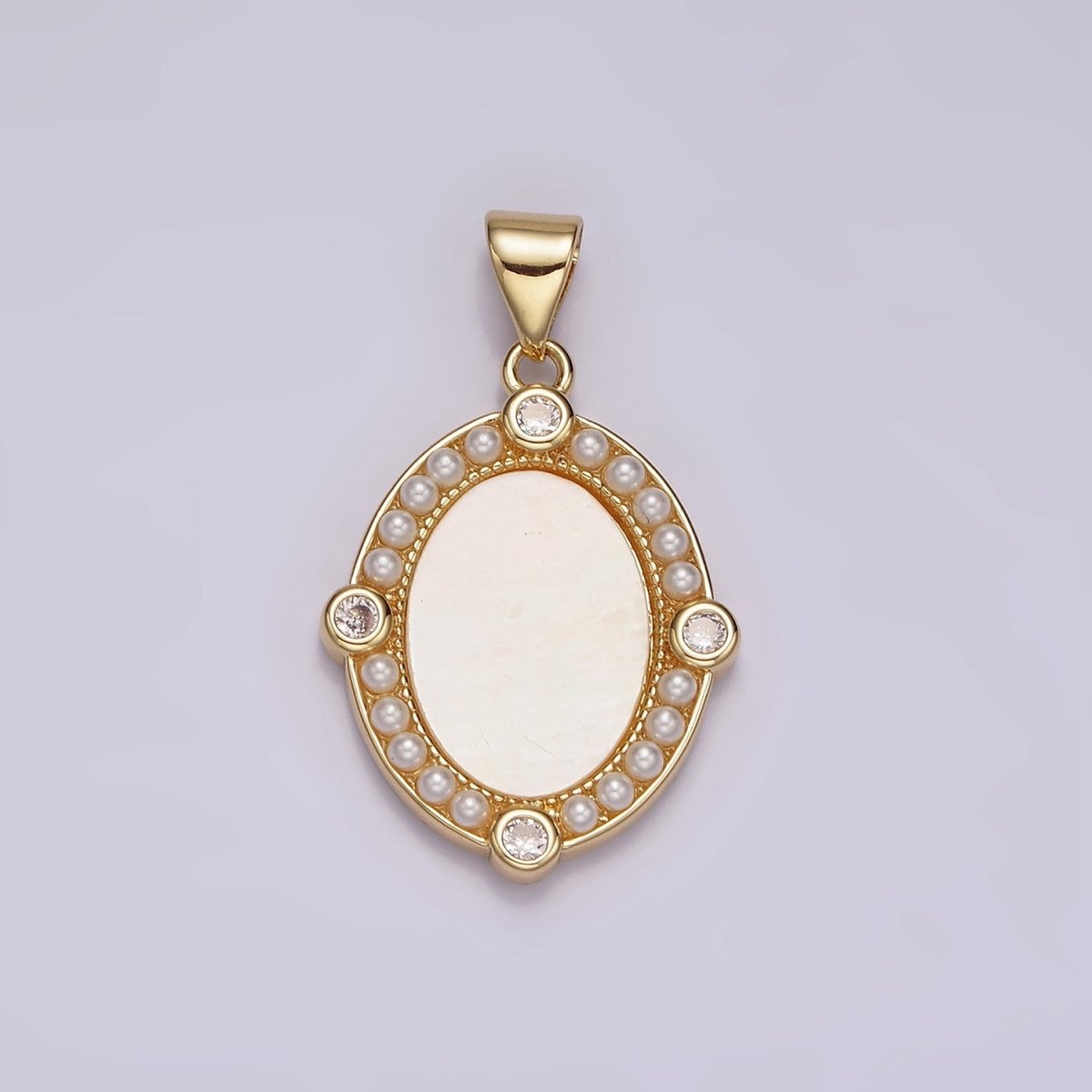 14K Gold Filled Clear CZ Shell Pearl Lined Oval Pendant | N2026