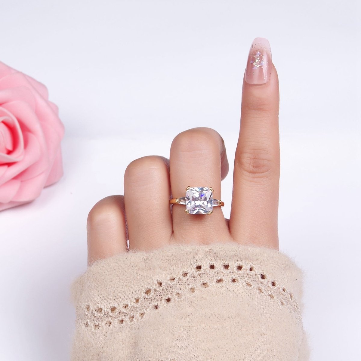 14K Gold Filled Clear CZ Square Baguette Solitaire Ring in Gold & Silver | O1324 O1325
