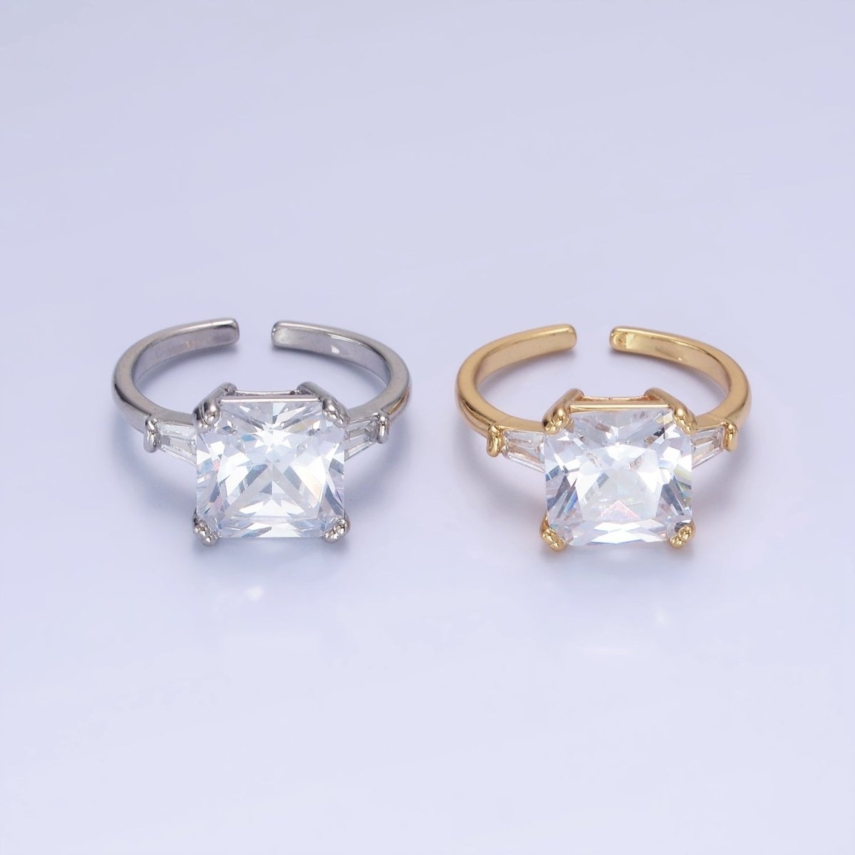 14K Gold Filled Clear CZ Square Baguette Solitaire Ring in Gold & Silver | O1324 O1325