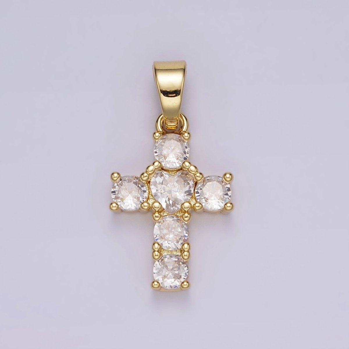 14K Gold Filled Clear CZ Square Lined 27mm Beaded Cross Pendant | N1286