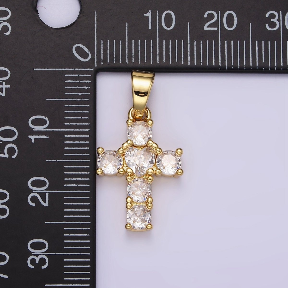 14K Gold Filled Clear CZ Square Lined 27mm Beaded Cross Pendant | N1286
