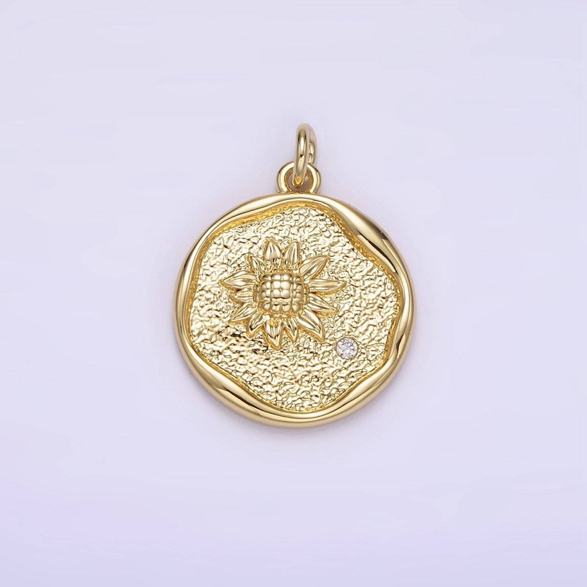 14K Gold Filled Clear CZ Sunflower Hammered Stamped Round Charm | AG261