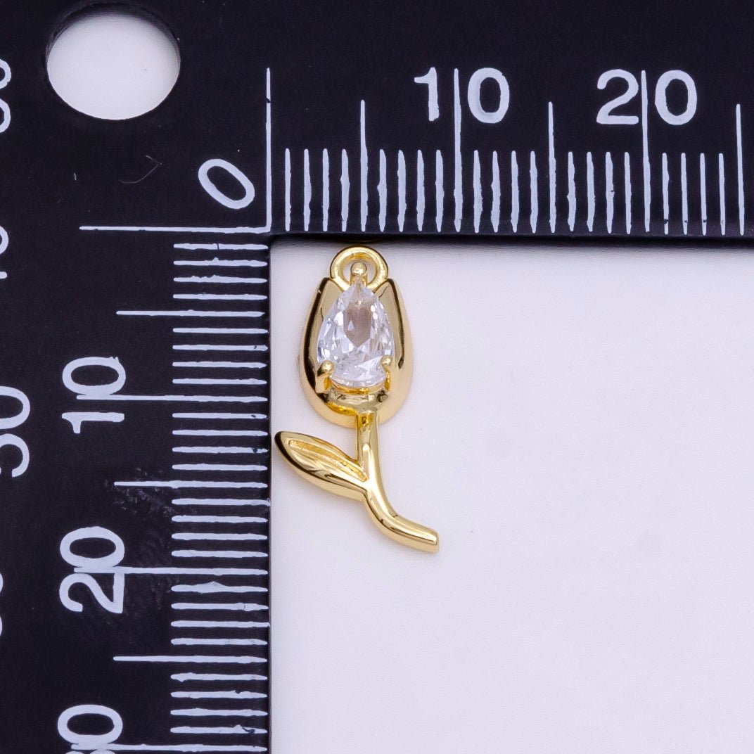 14K Gold Filled Clear CZ Teardrop Rose Flower Charm | W-471