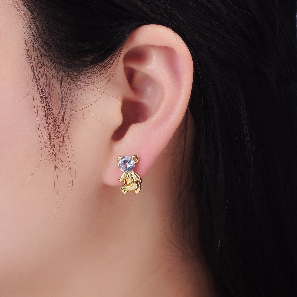 14K Gold Filled Clear CZ Teddy Bear Animal Huggie Earrings | AB1254