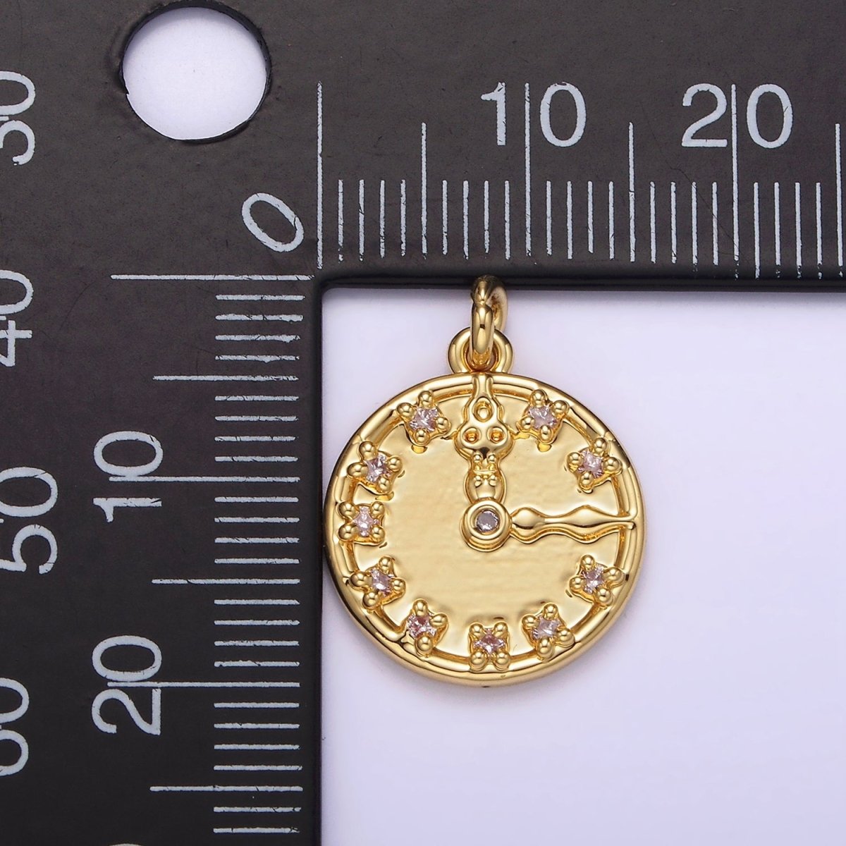 14K Gold Filled Clear CZ Time Clock Round Charm | AG264