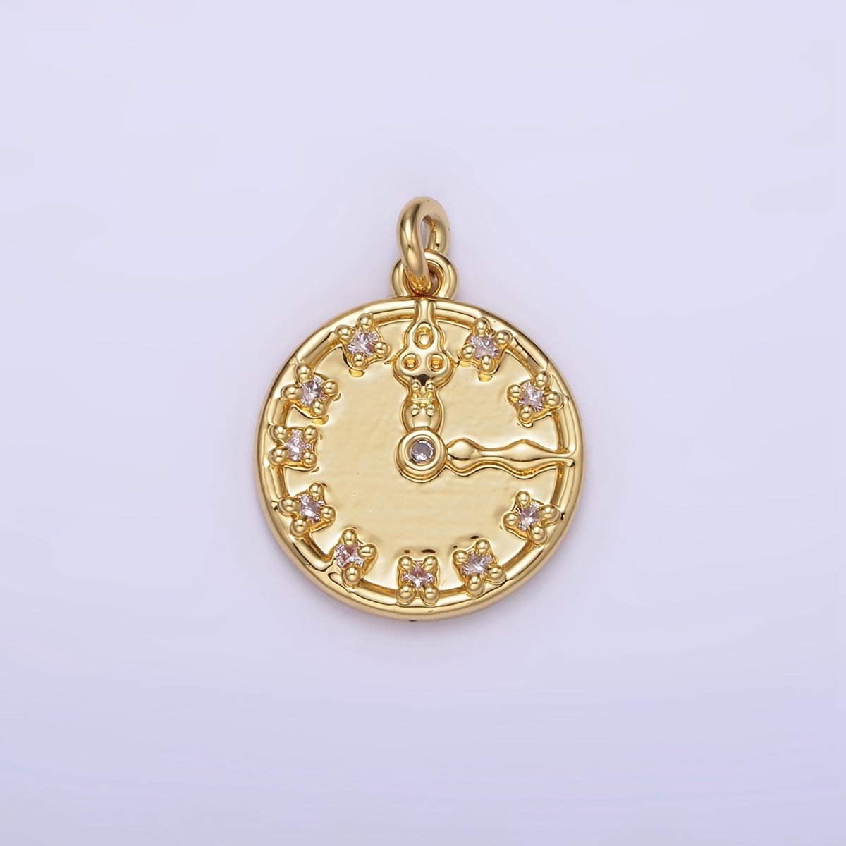 14K Gold Filled Clear CZ Time Clock Round Charm | AG264