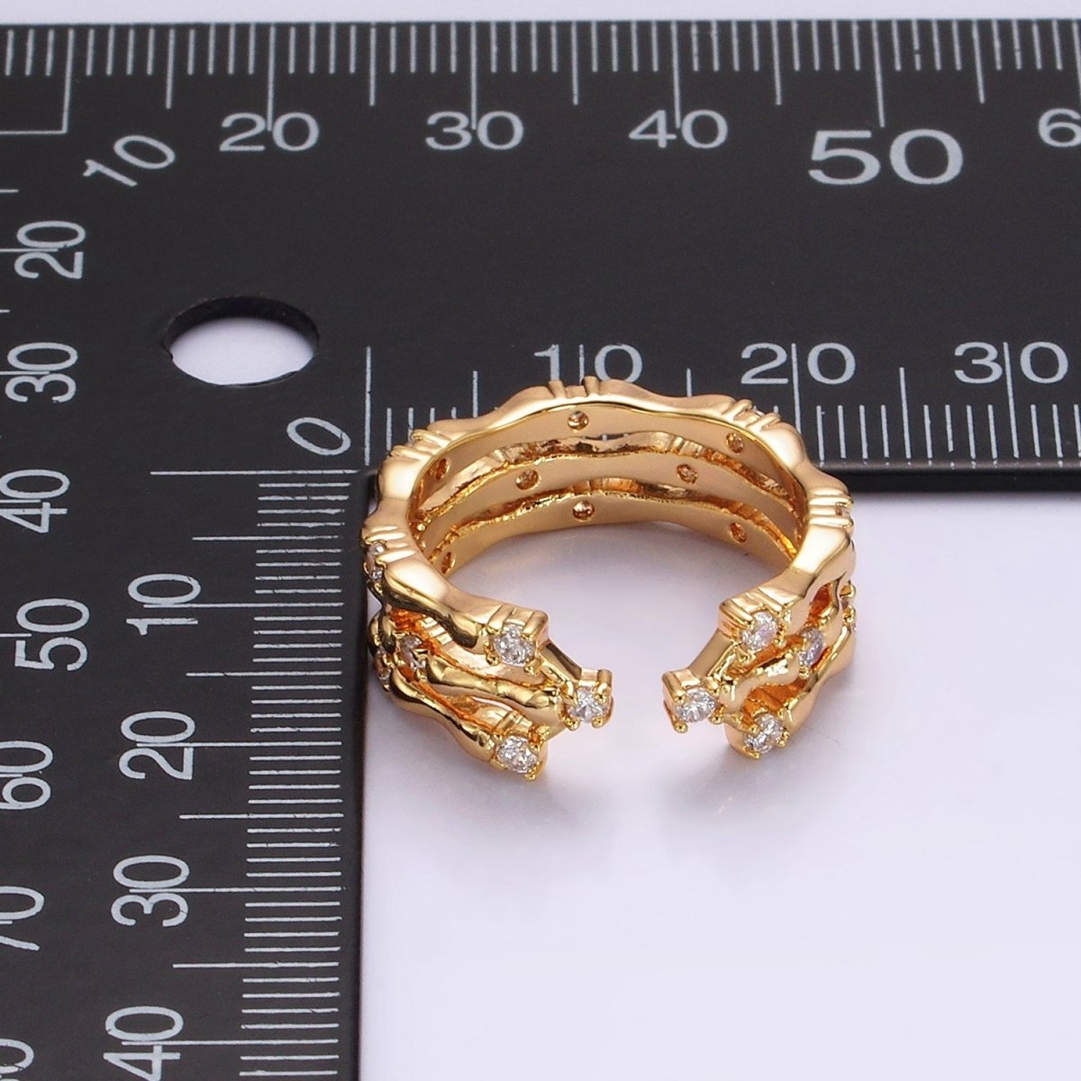14K Gold Filled Clear CZ Triple Bamboo Band Ring | O1085