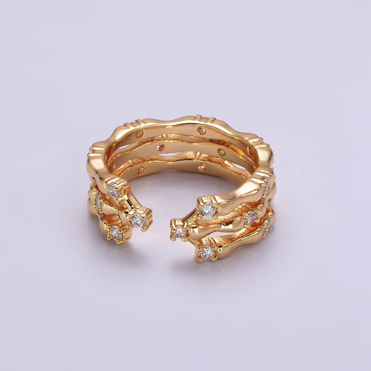 14K Gold Filled Clear CZ Triple Bamboo Band Ring | O1085