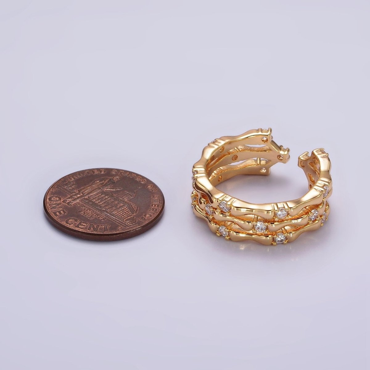 14K Gold Filled Clear CZ Triple Bamboo Band Ring | O1085