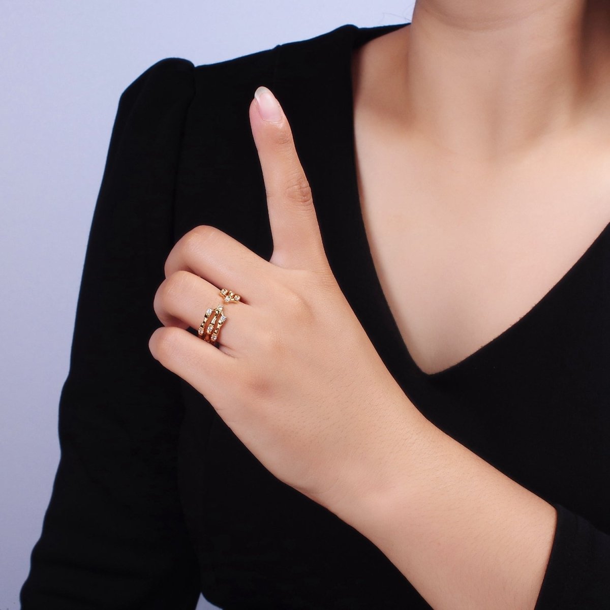 14K Gold Filled Clear CZ Triple Bamboo Band Ring | O1085