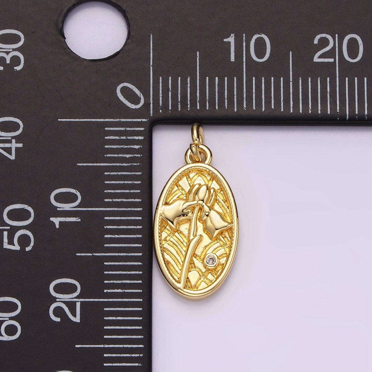 14K Gold Filled Clear CZ Triple Tulip Flower Textured Oval Charm | AC782