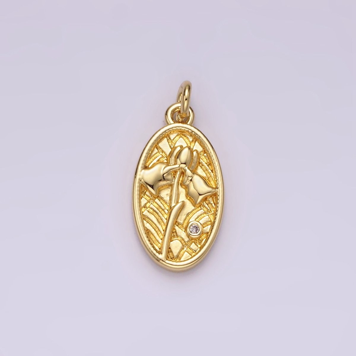 14K Gold Filled Clear CZ Triple Tulip Flower Textured Oval Charm | AC782