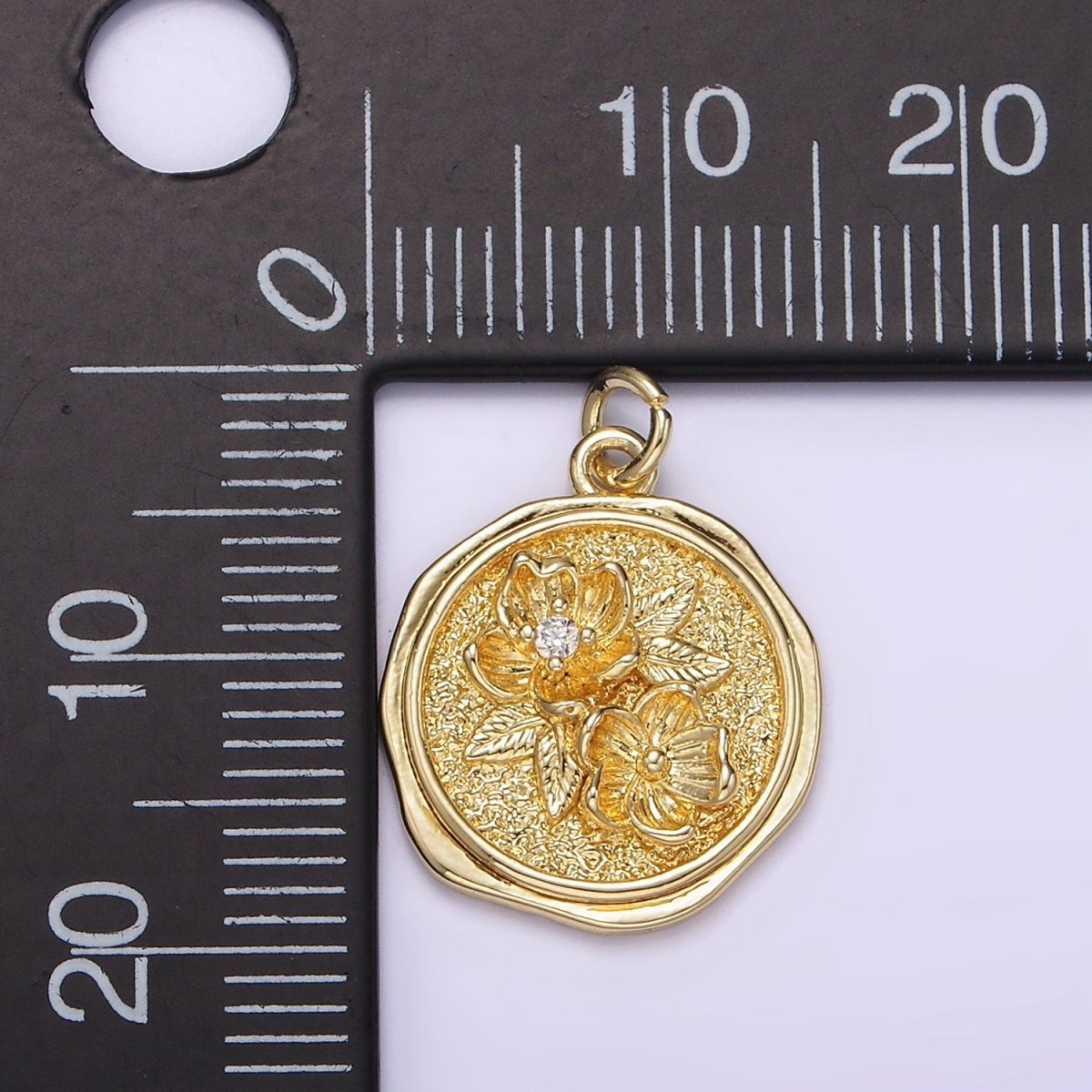 14K Gold Filled Clear CZ Water Lily Flower Hammered Wax Stamped Round Charm | AG252